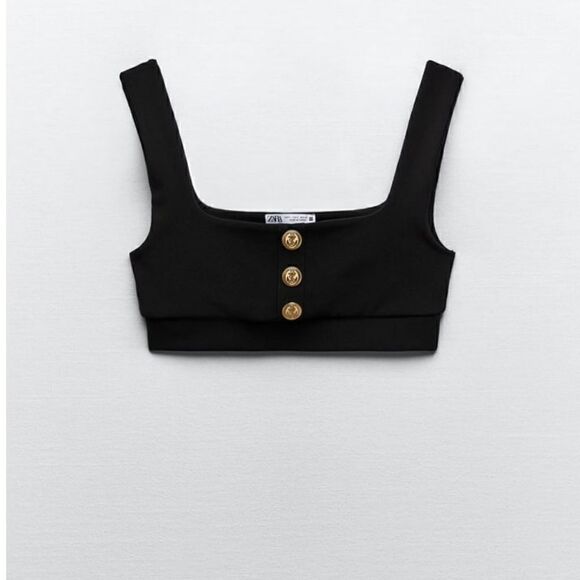 NWT BLOGGERS FAVORITE ⚫️ BLACK ZARA BUTTONED CROP TOP GOLDEN BUTTONS - Picture 6 of 13
